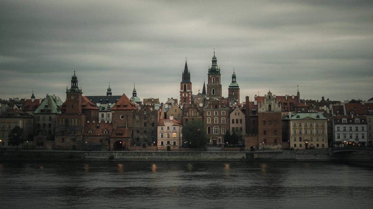 Krakow old town rooftops above the Vistula embankment at dusk