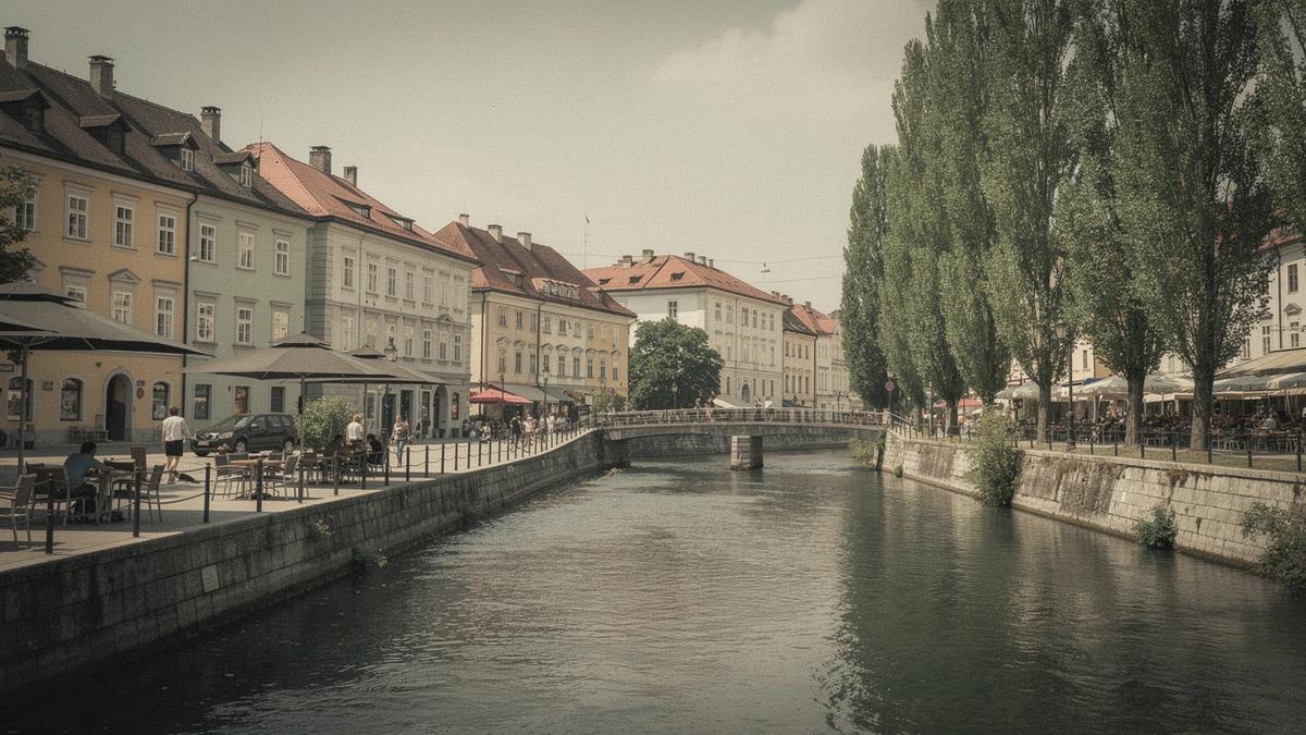 Ljubljana riverside walkway with the Triple Bridge and cafe terraces