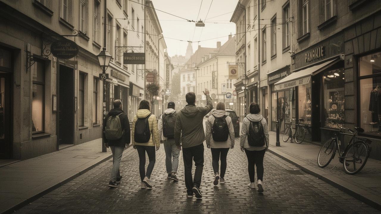 Guided group walking a cobbled old-town street on a Central Europe sightseeing tour