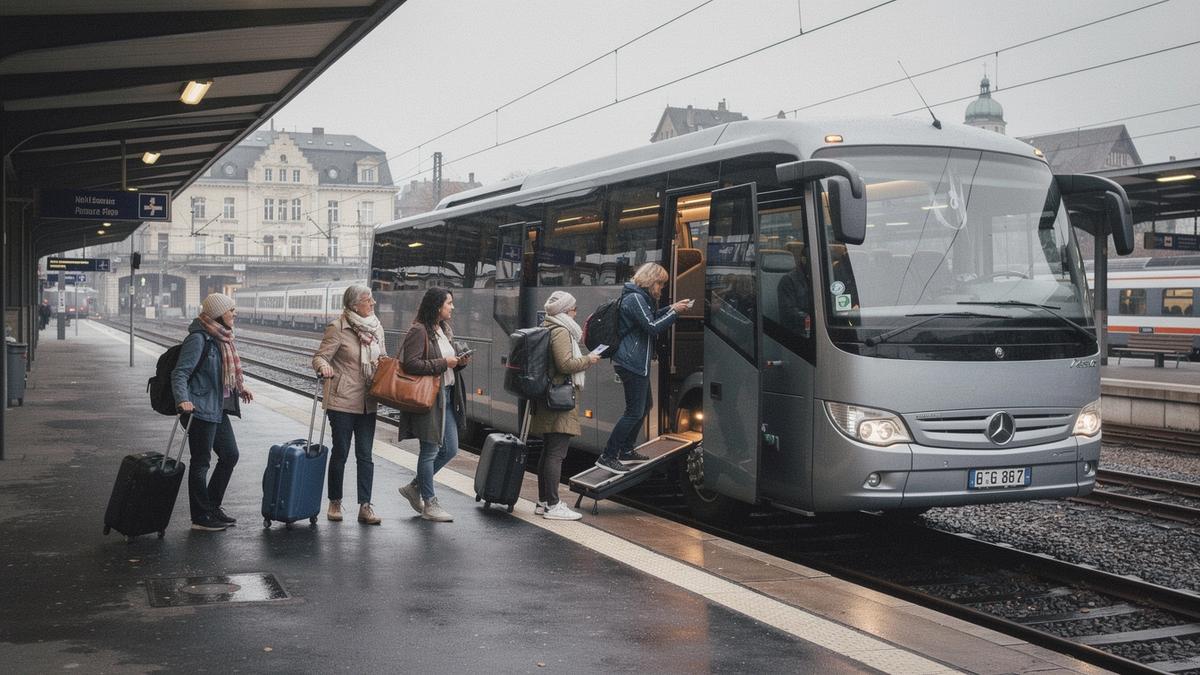 Travellers with small luggage boarding an early coach at Kyiv-Pasazhyrskyi station