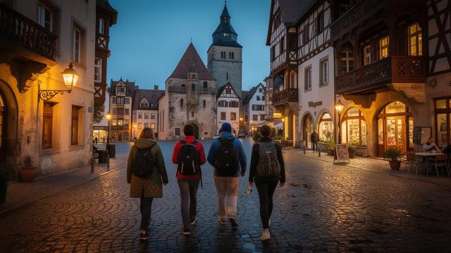 Travellers walking toward the old town square in Kraków at dusk